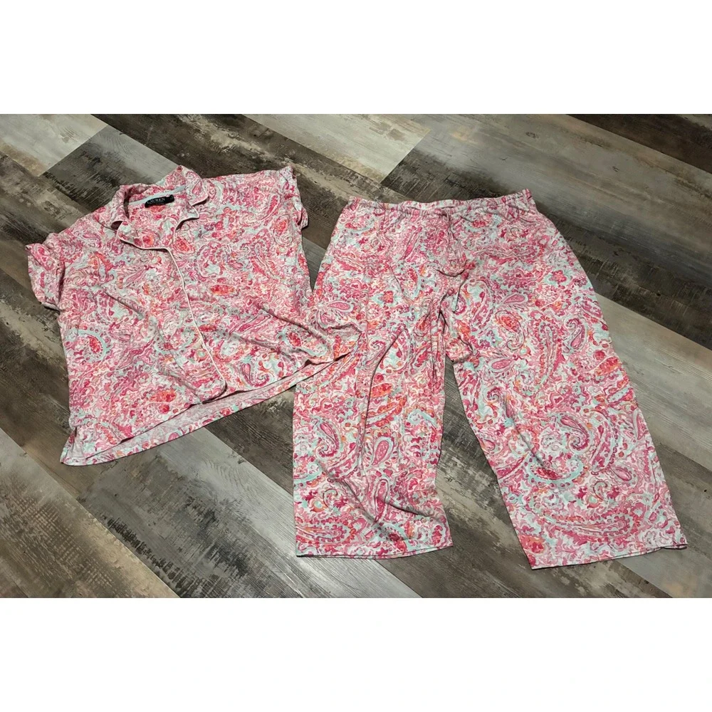 Lauren Ralph Lauren Pink Paisley Pajama Set Womens XL Short Sleeve Crop Pants